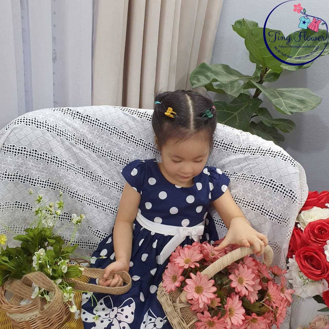 Váy thô chấm bi chân hoa nơ size 3-10-VÁY XUÂN HÈ BÉ GÁI